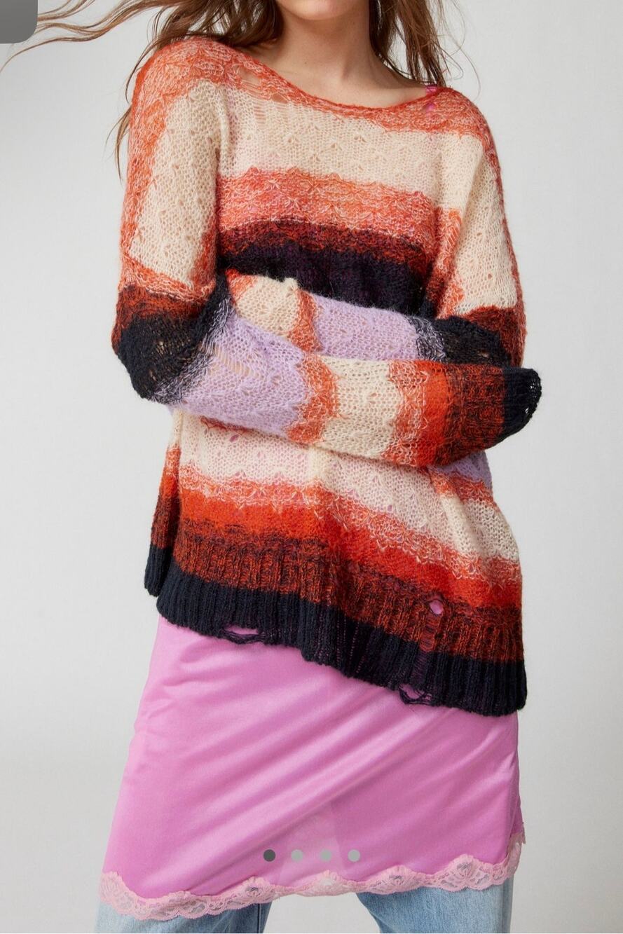 UO Kimchi Blue Alissa Distressed Knot Pull Over Striped Purple Orange Sweater Sm